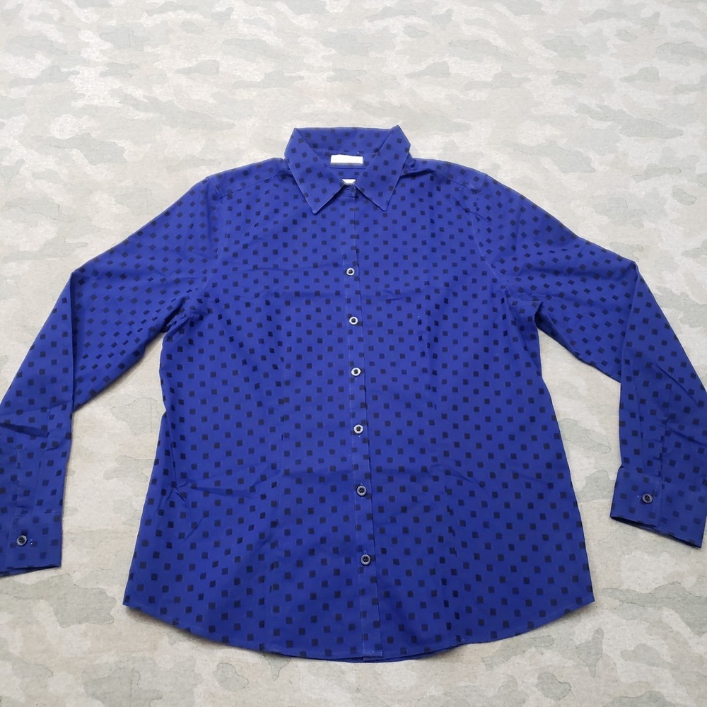 Chico's Top Womens 0 Blue No Iron Long Sleeve Button-Up Polka Dot